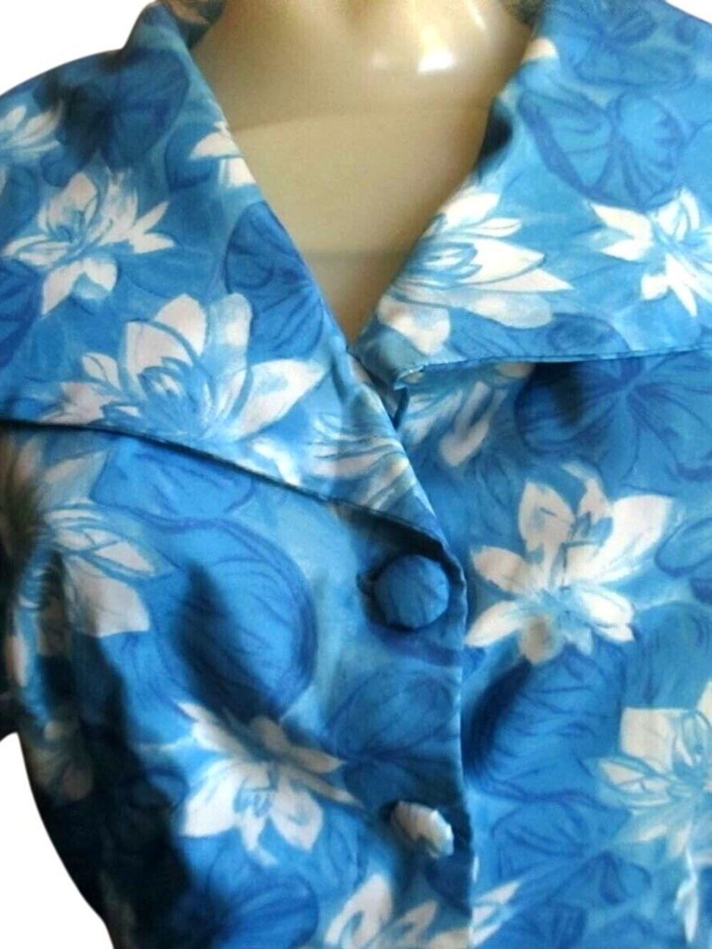 True Vintage Dress Medium Blue Floral Short-Sleeve Large Collar Granny 1960s
